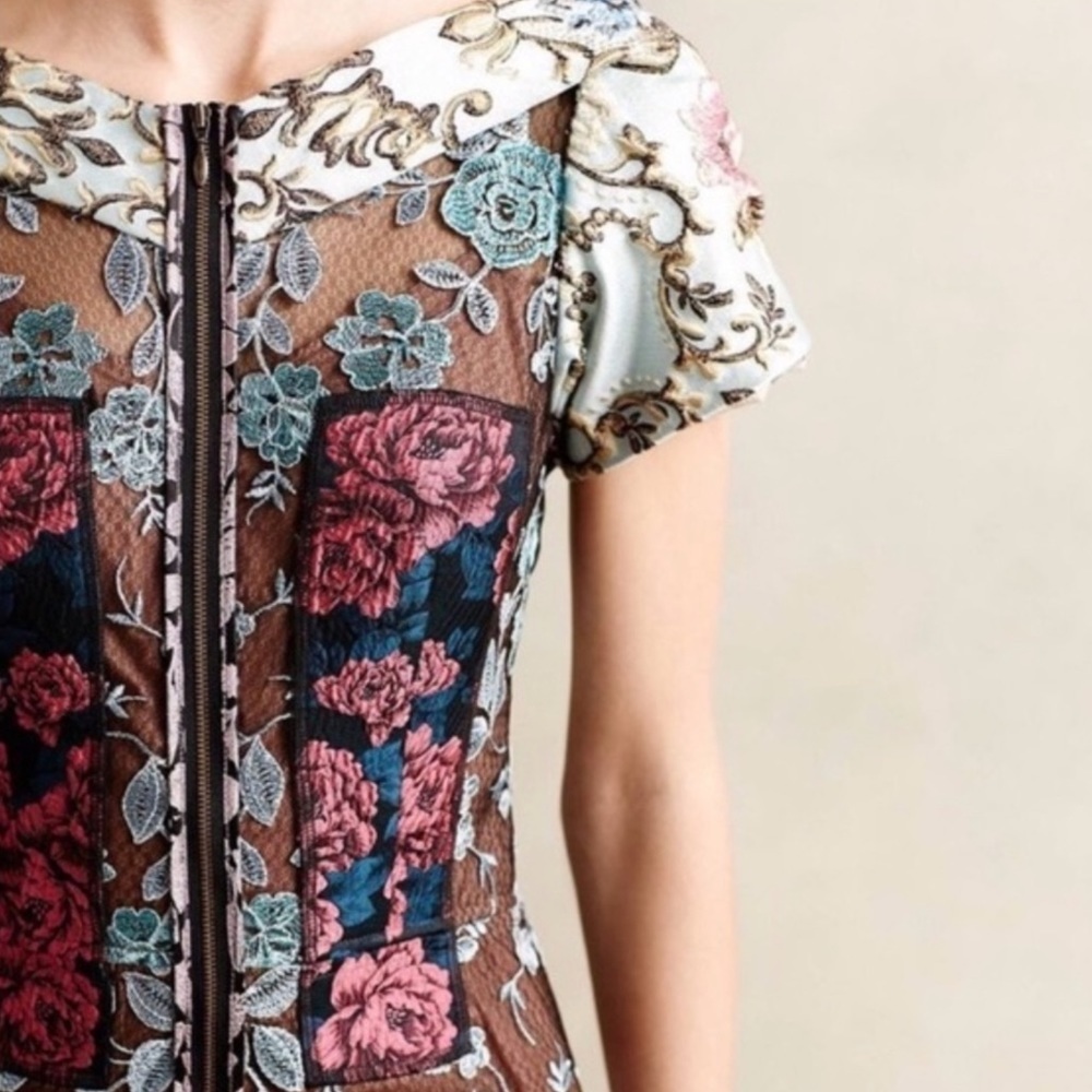 Anthropologie Byron Lars “Beguile” Pieced Brocade Dress Embroidered Floral Sz 2P - Picture 2 of 16